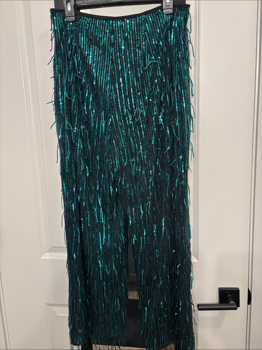 Anthropologie Teal and Black Beaded Fringe pants